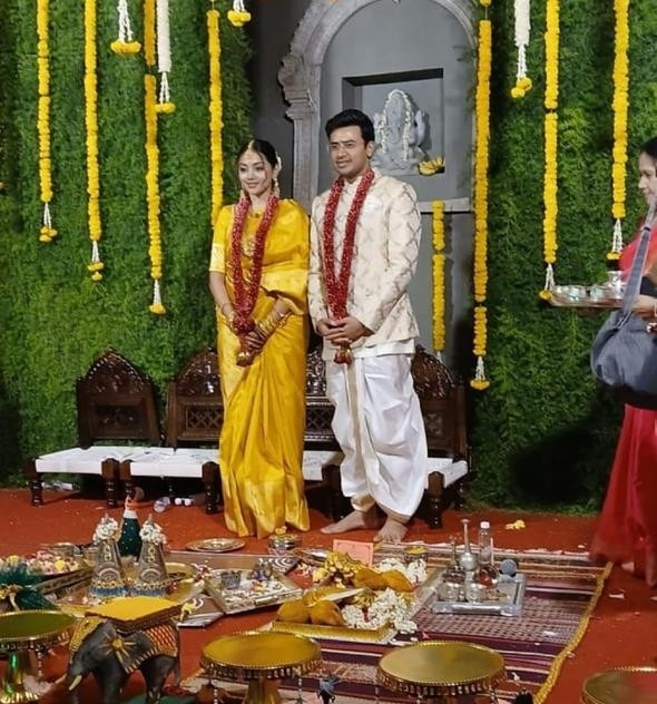 Tejasvi Surya and Sivasri Skandaprasad with loved ones after their wedding.