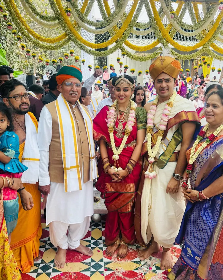Tejasvi Surya and Sivasri Skandaprasad with loved ones after their wedding.